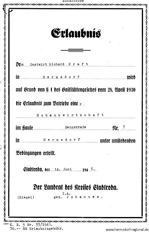 Erlaubnisschein vom 14.06.1946 zum Betreiben der Gastwirtschaft in der Bergstraße 7